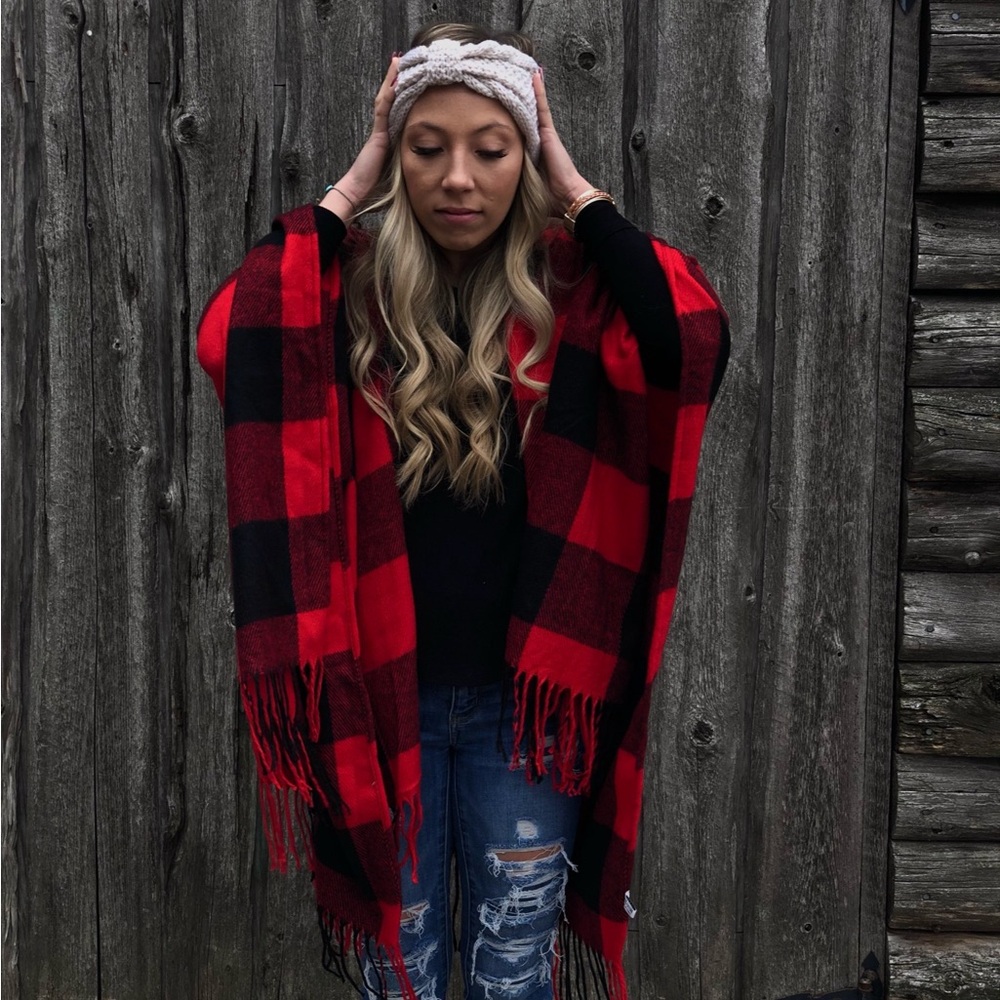 Red Checker Open Cape Poncho